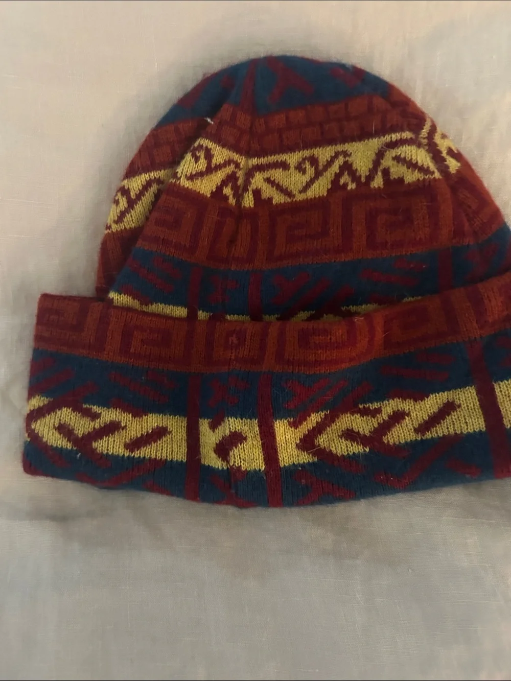 Supreme patterned knit beanie in burgundy, mustard & teal